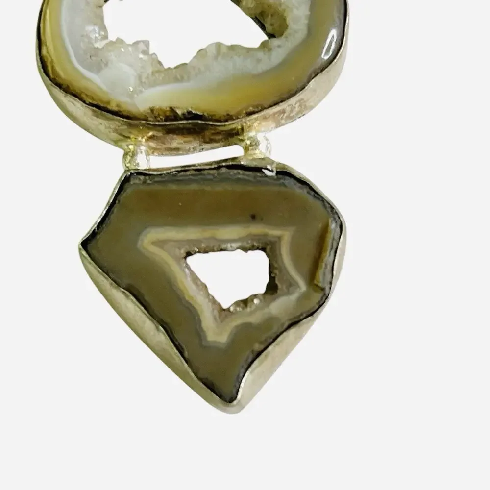 Natural Geode Agate Trio Pendant Sterling Silver 925 Earth Tone Green Gray Brown